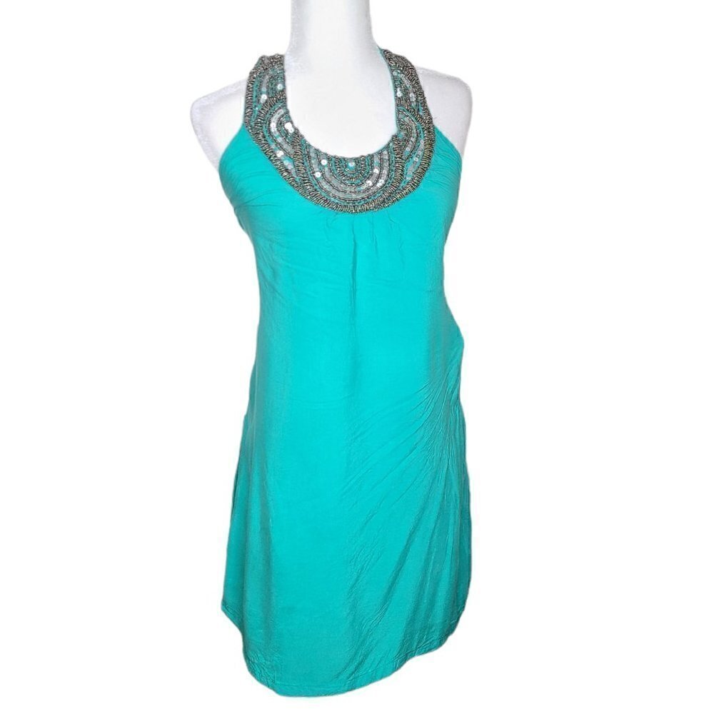 Bamblue Turquoise Beaded Bib Halter Rayon Dress